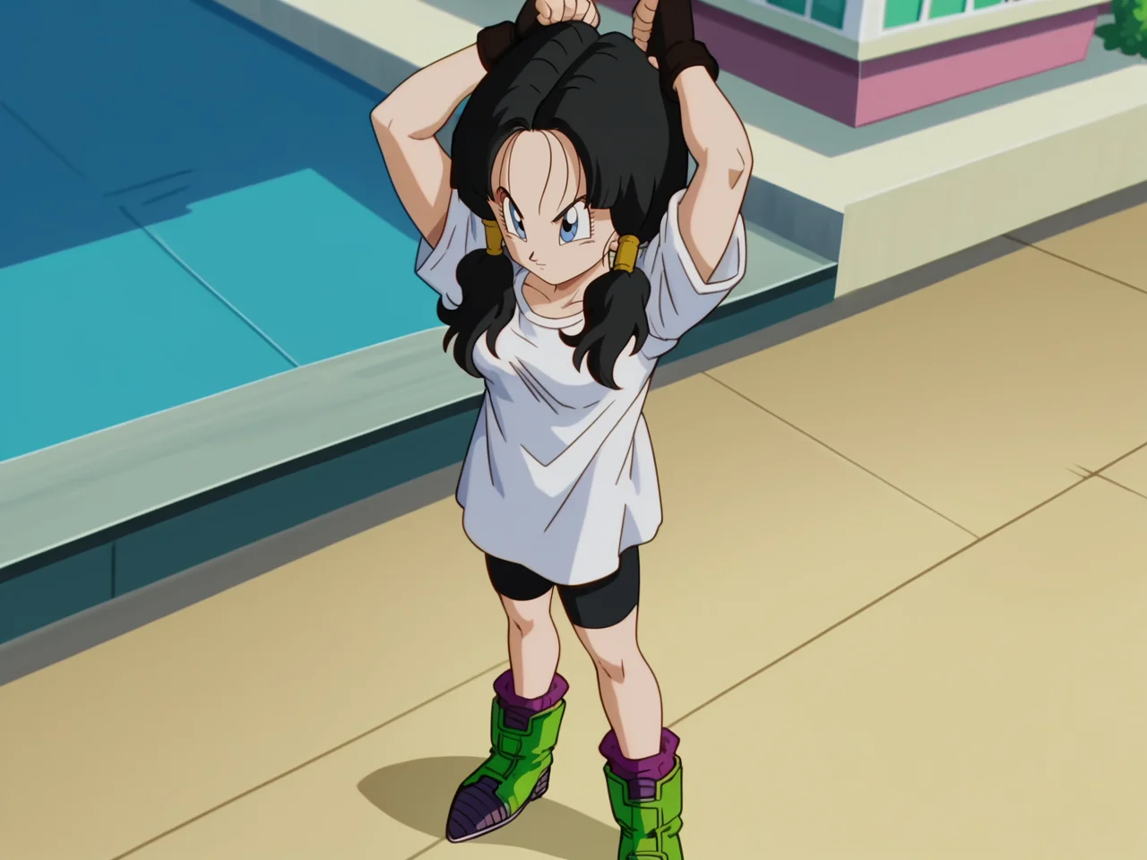 Videl, 1girl, pigtails, white shirt, bike shorts black hair, fingerless gloves, green boots, <lora:Videl-prodigy-7:0.8>, score_9, score_8, score_8, anime screencap, solo, from side, looking at viewer, shadows, city, arms crossed up close, from above, clenched hand,