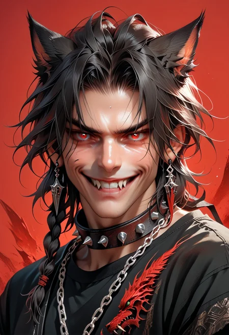 DskMiqo, 1boy, black hair, black shirt, braid, cat girl, cat ears, animal ears, animal ear fluff, chain, collar, earrings, fangs, holding, jewelry, long hair, looking at viewer, male focus, red background, red eyes, shirt, simple background, single braid, slit pupils, smile, solo, spiked collar, spikes, teeth, miqo'te, upper body, wolf ears, BREAK ,score_9, score_8_up, score_7_up, score_6_up, score_5_up, score_4_up,