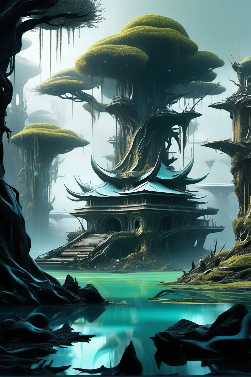 A murky swamp with twisted trees rising from the water, Digital Art, Magnolia, Splendid, Raphael ,cybernetic, Orbital defense platform, Space pirate hideout, A frigid ice world with sprawling glaciers and vast underground oceans, harboring unique aquatic life., Dystopian metropolis , (masterpiece,best quality:1.6)