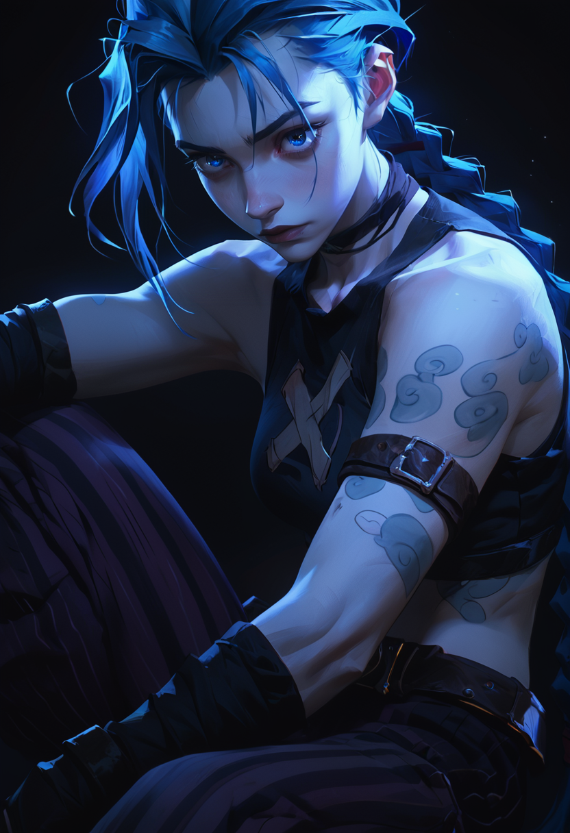 score_9, score_8_up, score_7_up, score_6_up, 
best quality, official art, smooth,
bloom, vibrant contrast,
masterpiece, (((solo, solo focus))),, concept art, anime, close up, extremely detailed, 
mature female, curvy, medium breasts, 
1girl, j1nx, blue hair, pale skin, chocker, blue eyes, long blue twin pigtails, tattoo, arcane jinx, 
crop top, sleeve, armbands, purple striped pants, gloves, belt, 
sitting, full body, from side,
dynamic pose,
black background, simple background, 
<lora:add-detail-xl:1> <lora:lhata4564XLP:0.6> <lora:JinxPDXL:0.4> <lora:dark_dramatic chiaroscuro lighting:0.2> <lora:Smooth Night Style SDXL_LoRA_Pony Diffusion V6 XL:0.1>  <lora:MoriiMee_Gothic_Niji_Style__Pony_LoRA:0.1> <lora:eye_catching:1>
