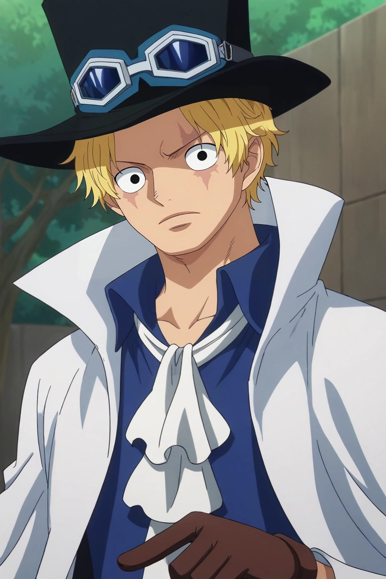 score_9, score_8_up, score_7_up, , rating_safe, intricate details, anime screencap, , , , , 1boy, solo, male focus, <lora:sabo_one_piece_pony:0.74>, sabo_one_piece, blonde hair, black eyes, short hair, scar across eye, , goggles on headwear, top hat, brown gloves, black headwear, white ascot, coat, blue shirt, , , <lora:sdxl_lightning_8step_lora:1>