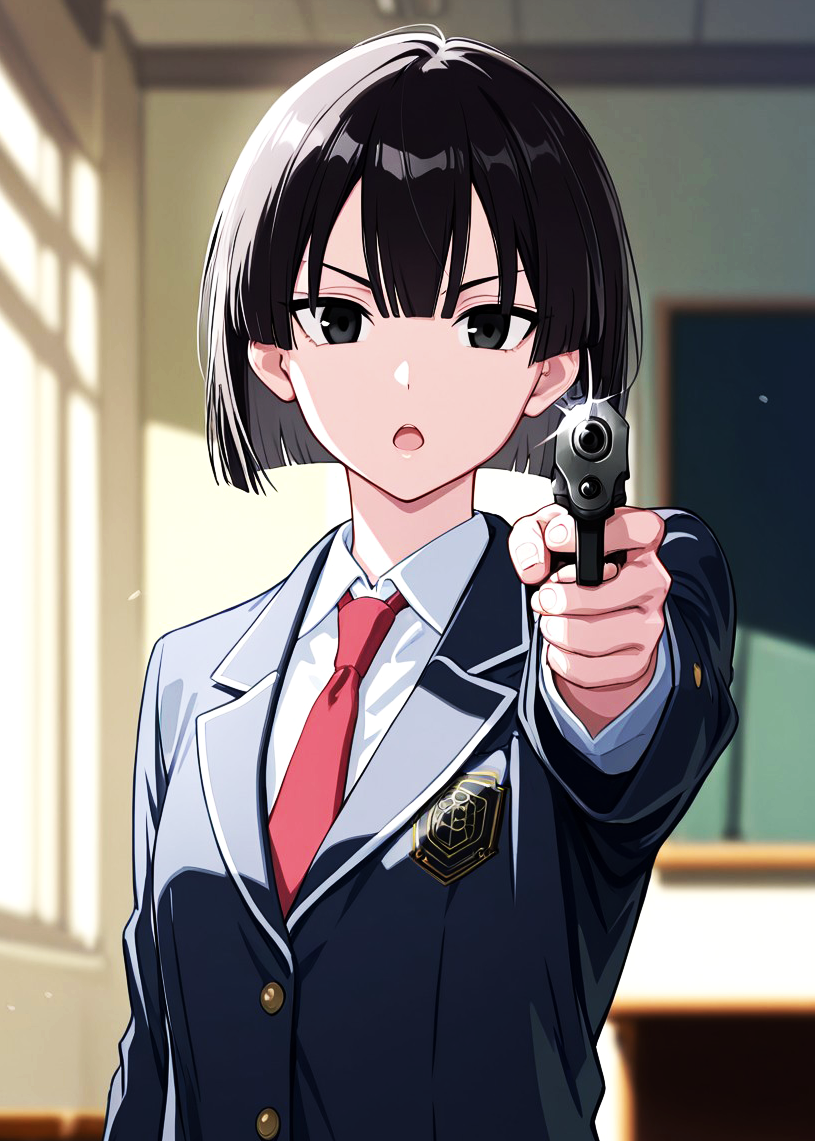 ,masterpiece, very aesthetic,8k,masterpiece, best quality, upper body,chiakitani, chihair, bezzschooloutfit, holding postol, pistol,solo, necktie, short hair, school uniform, 1girl, bob cut, black eyes, black hair, bangs, chalkboard, open mouth, shirt, jacket, red necktie, looking at viewer
, impressionism 1.5, high detail, depth of field, blurred background, dramatic lighting