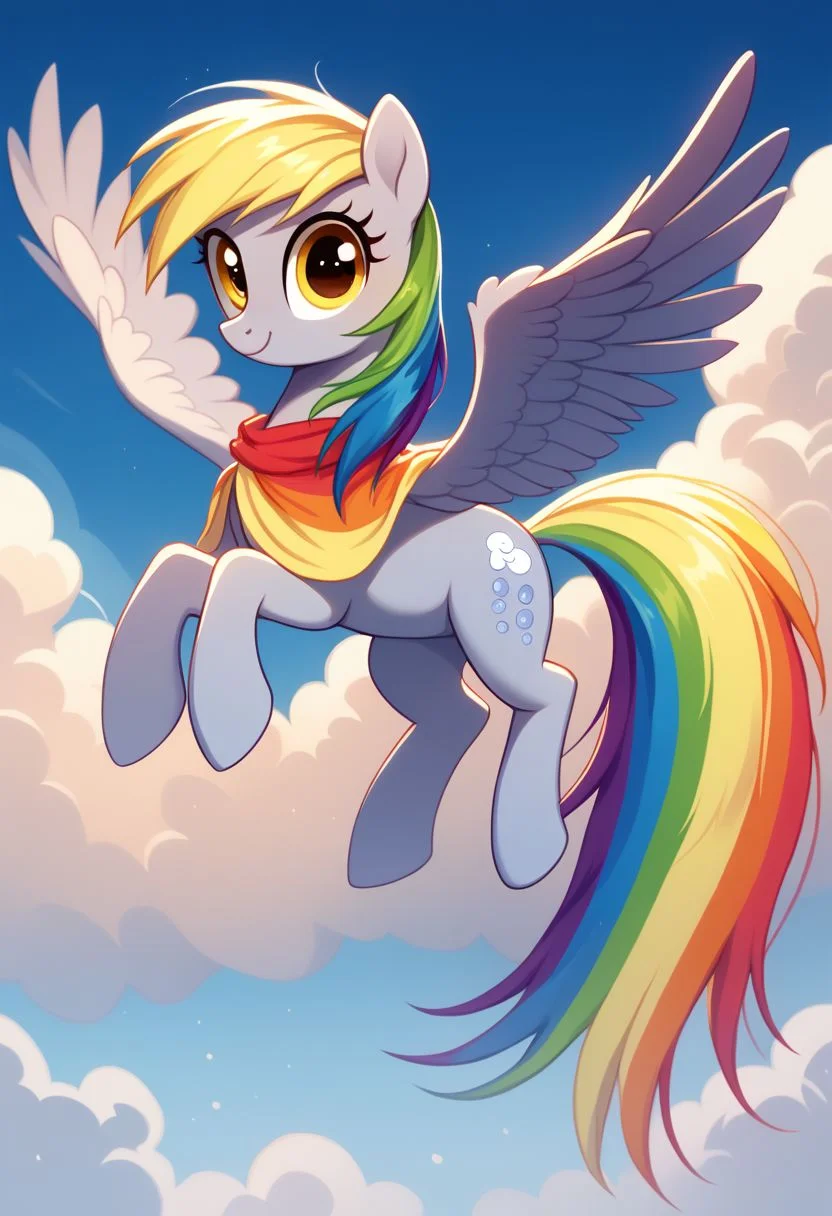 prideb4fall, Derpy Hooves, wings, rainbow, cloud, pegasus, smile, solo, sky, yellow hair, rainbow cape, rainbow background, feathers, 1girl, feathered wings, day, closed mouth, no humans, looking at viewer, tail, outdoors, flying, yellow eyes, rainbow gradient, made of rainbows, rainbow overlay, pride month, rainbows, soure_pony
zPDXL2