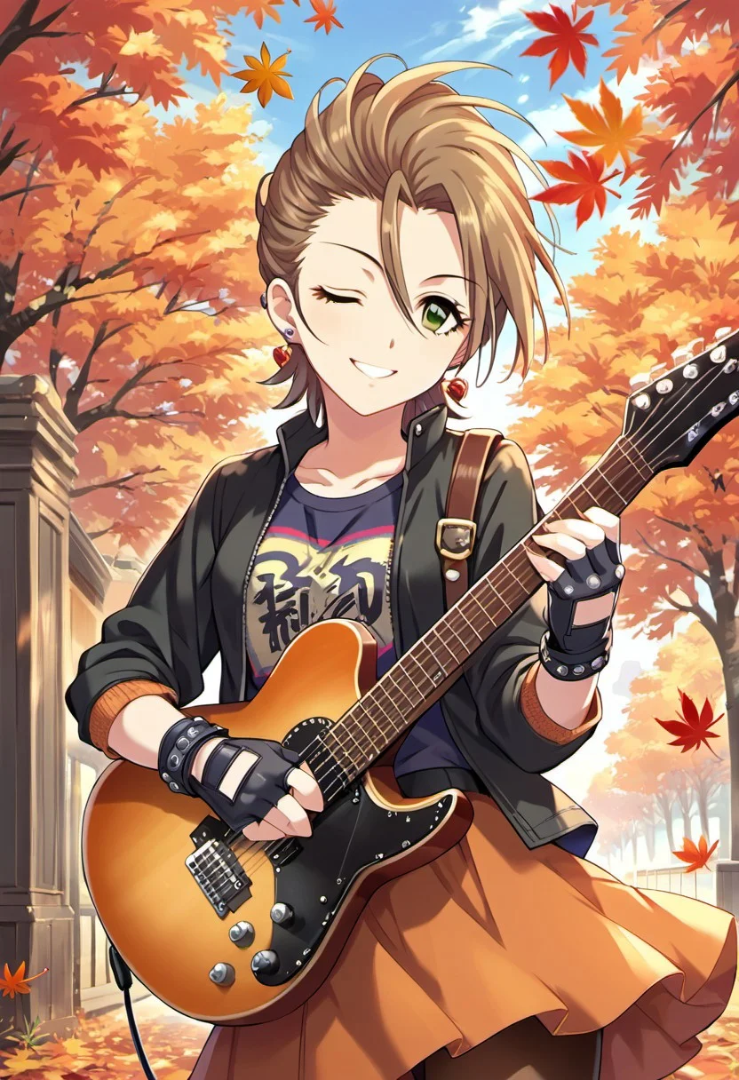 score_9, score_8_up, score_7_up, source_anime,kimura natsuki, short hair, brown hair, green eyes, 1girl, instrument, one eye closed, guitar, solo, autumn leaves, fingerless gloves, gloves, jewelry, pantyhose, earrings, smile