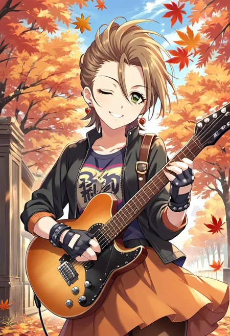 score_9, score_8_up, score_7_up, source_anime,kimura natsuki, short hair, brown hair, green eyes, 1girl, instrument, one eye closed, guitar, solo, autumn leaves, fingerless gloves, gloves, jewelry, pantyhose, earrings, smile