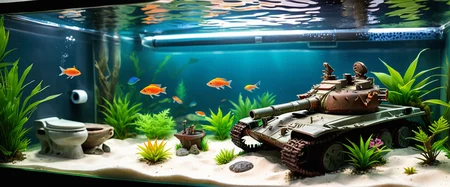 a (miniature) ((vtnktnk tank):1.0) and a (miniature) toilet in a fish tank with tropical fish, dslr, 8k, beautiful, (perfect faces), hyper realistic <lora:vtnktnk_SDXL_v1_32-000015:1>