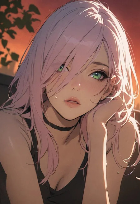 1woman, solo,  long hair, pink hair, black choker, green eyes, one eye covered by hair, eyeliner, gorgeous lips, tights, medium breasts
cinematic, (masterpiece), (best quality), (ultra-detailed), very aesthetic, illustration, detailed eyes, perfect eyes, detailed  face, (beautiful detailed face, beautiful detailed eyes) ,extreme details eyes
masterpiece, best quality, amazing quality, very aesthetic, (flat colors:1), (Artist:ilya kuvshinov:1), (Artitst: incase0.65), 1MILF, open eyes, angle, sweat, (motion lines:0.3), (motion blur:0.3), partial nudity, mature female, housewife, BREAK , upper body, long hair, looking afar, head rest, tank top, balcony, red sky,outdoors, BREAK dynamic light, warm_light, vibrant colors warm_colors, soft focus, high contrast, textured surfaces, depth of field, golden hour lighting, dramatic shadows, rich details, nature-inspired color palette, playful composition. ,dynamic light,background,