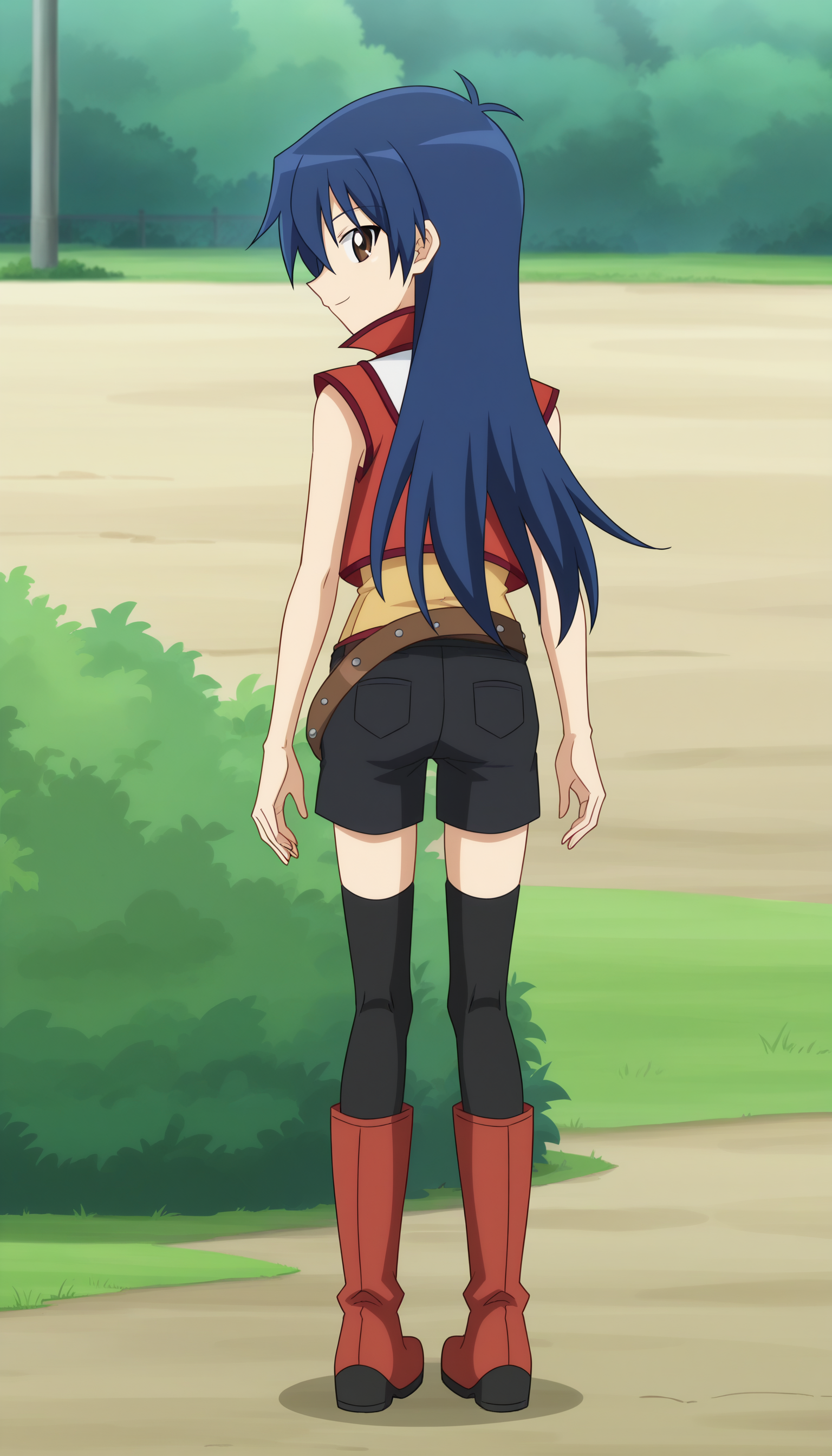 outdoors,
<lora:BlairSDXL_1-000008:1.0>,blairf, 1girl,solo, long hair, blue hair, sleeveless jacket, sleeveless shirt, brown eyes, smile, brown belt, hair between eyes, looking at viewer, black thighhighs, standing,, from behind, looking back, black shorts, full body, red footwear,, knee boots, 
anime screencap, anime coloring,