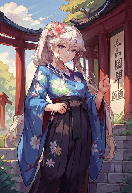 score_9, score_8_up, source_anime, 1girl, solo, 9A91Kimono, long hair, ponytail, hair flower, blue kimono, floral print, black hakama skirt, outdoors, shrine, smile, <lora:Cham9A91PonyXL:1>