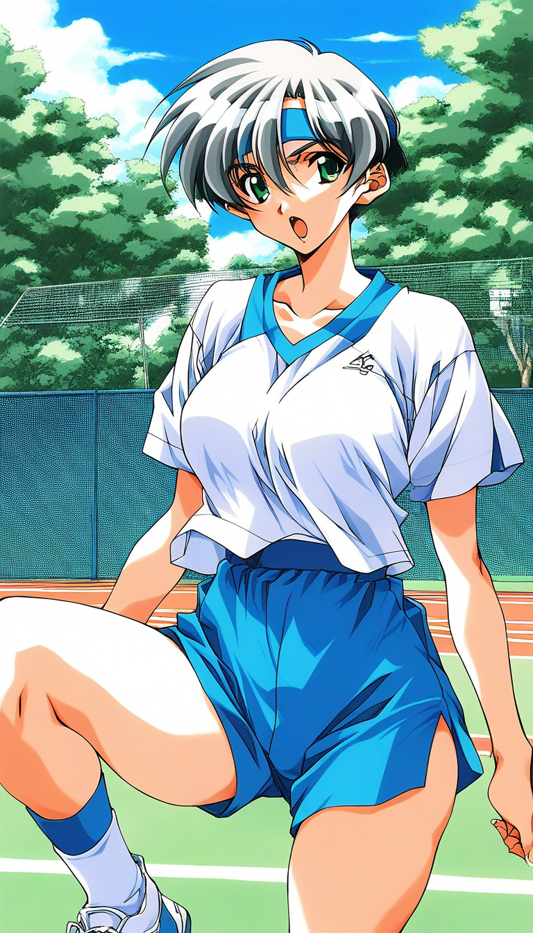 score_9, score_8_up, score_7_up, source_anime, rating_explicit, BREAK <lora:Wakabayashi_Ayu_XL:1>Wakabayashi_Ayu, short hair, black grey hair, green eyes, medium breasts, bangs, hair between eyes, 1990s (style),
pantyshot, blue headband, open mouth,  outdoors, sportswear, blue hair,  tennis wear,
summer, tree, day, sky,