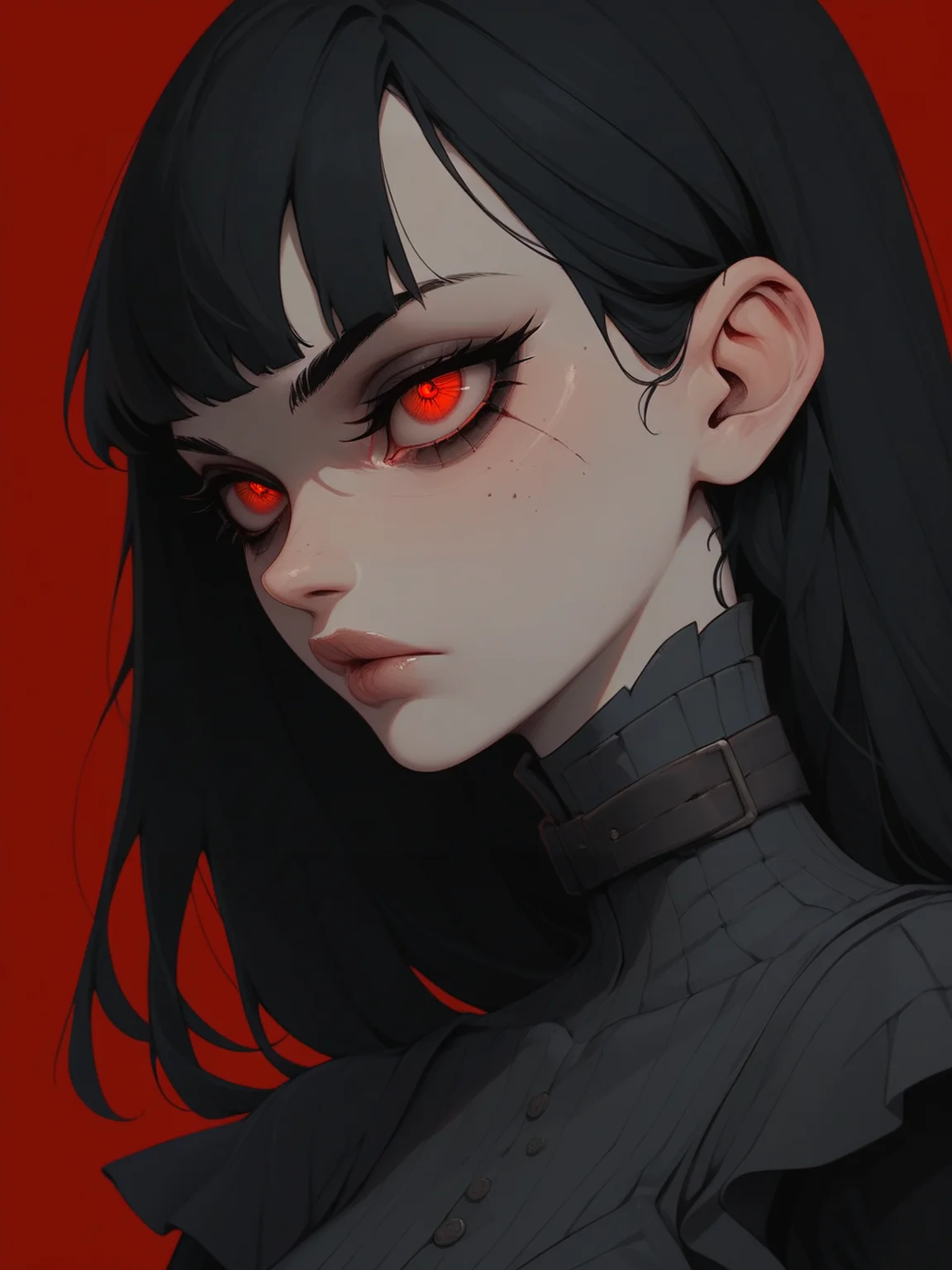 score_9,score_8_up,score_7_up, soberb girl, pale skin, black hair, red eyes, red background
<lora:detailed_hands:1>  <lora:Sinozick_Style_XL_Pony:1> sinozick style, flat color, dark theme