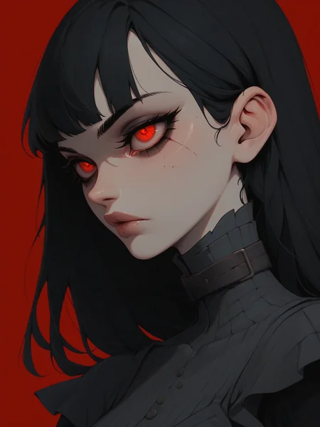 score_9,score_8_up,score_7_up, soberb girl, pale skin, black hair, red eyes, red background
<lora:detailed_hands:1> <lora:Sinozick_Style_XL_Pony:1> sinozick style, flat color, dark theme