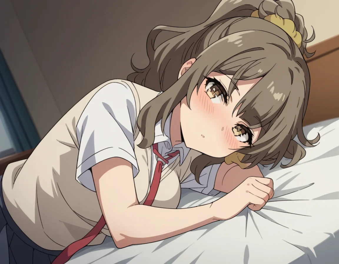 score_9, score_8_up, score_7_up, source_anime,
riofutaba, <lora:rio-futaba-s1-ponyxl-lora-nochekaiser:1>
rio futaba, long hair, brown hair, brown eyes, large breasts,
shirt, hair ornament, school uniform, white shirt, ponytail, short sleeves, necktie, scrunchie, red necktie, hair scrunchie, skirt, pleated skirt,
indoors, bed, bed room, on side, blush, drunk,
looking at viewer, cowboy shot, dutch angle, solo,