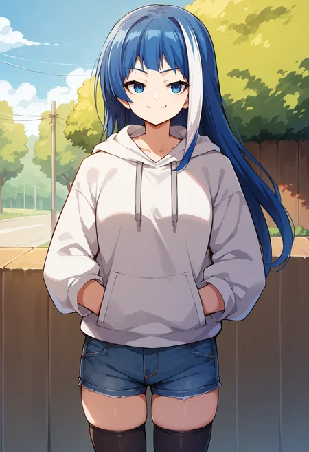 score_9, score_8_up, source_anime, 1girl, solo, MutsumiYozakura, long hair, streaked hair, white hoodie, denim shorts, black thighhighs, skindentation, hands in pockets, outdoors, smile, smug, <lora:ChamMutsumiYozakuraPonyXL:1>