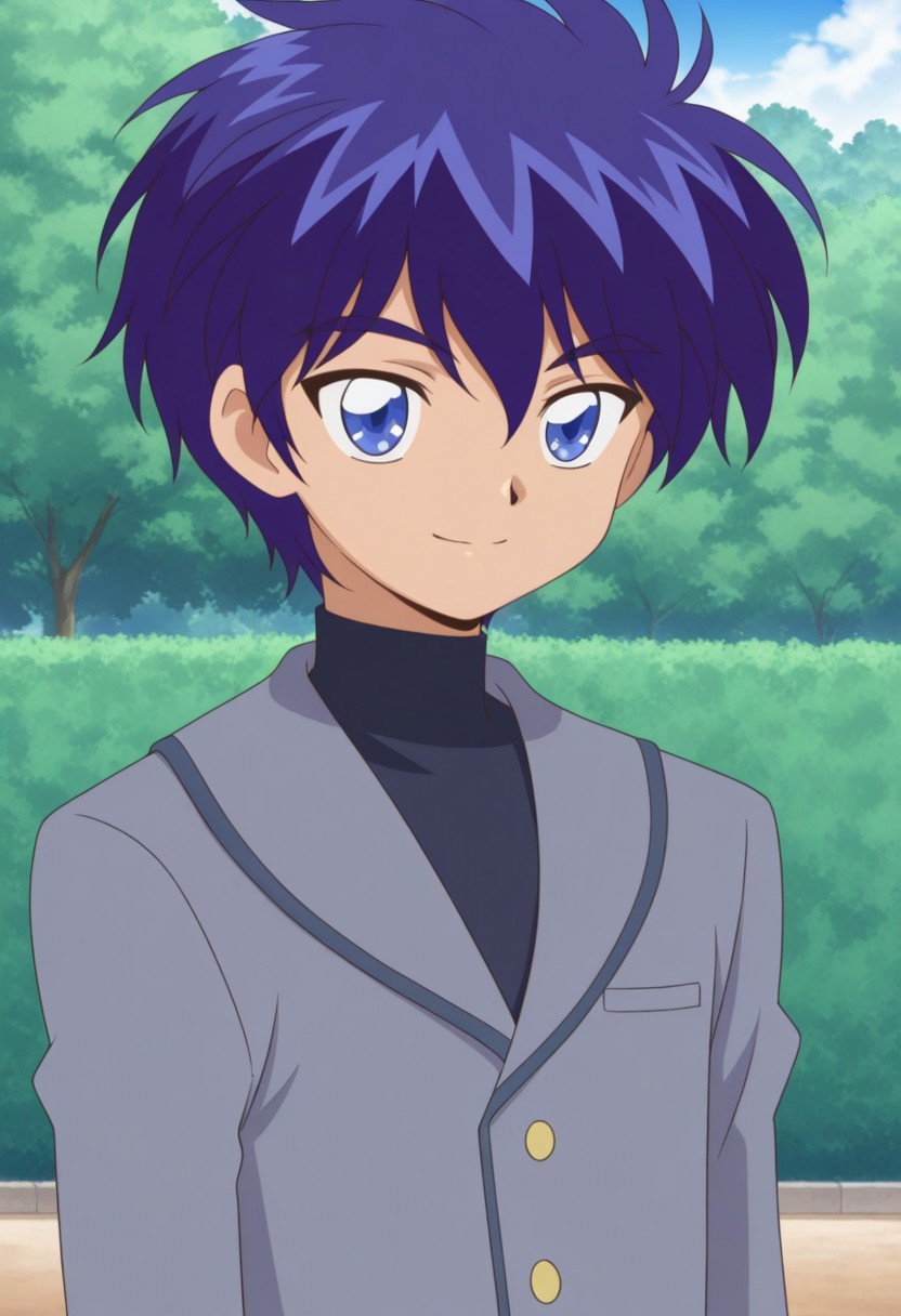 masterpiece,best quality,amazing quality, source_anime, retro artstyle,
sheido, 1boy, male focus, solo, blue eyes, blue hair, school uniform, shirt, black shirt, turtleneck, jacket, grey jacket, smile,
outdoor,