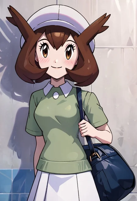 score_9, score_8_up, score_8, medium breasts, (curvy), cute, eyelashes, BREAK, , zzBianca, brown hair, brown eyes, medium hair, hair between eyes, short sleeves, green shirt, collared shirt, white hat, skirt, white skirt, <lora:Bianca_PokemonHeroes_PDXL_v2:0.7>,, BREAK, closed mouth, alternate costume, smile, looking at viewer, collared shirt, blush, sweater, black skirt, eyelashes, long sleeves, sleeves past wrists, plaid skirt, shoulder bag, black bag, blurry, tile floor, pleated skirt, white shirt, cowboy shot, embedding:zPDXL, Expressiveh, <lora:Vivid:0.7>, <lora:Uncensored_PonyXL_cpt_v02.09:0.4>, <lora:Expressive_H-000001:0.4>,