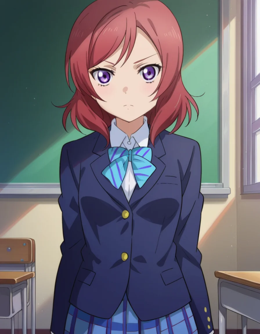 score_9, score_8_up, score_7_up, source_anime,
makinishikino, <lora:maki-nishikino-s1-ponyxl-lora-nochekaiser:1>,
maki nishikino, short hair, purple eyes, red hair,
skirt, school uniform, jacket, blazer, winter uniform, otonokizaka school uniform,
indoors, classroom,
looking at viewer, dutch angle, cowboy shot,