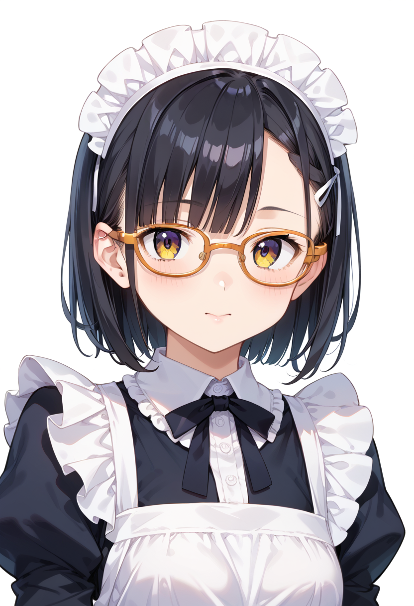 score_9, score_8_up, score_7_up, rating_safe, masterpiece, best quality, absurdres, unity 8k wallpaper, official art, official style, source_anime, uncensored, game cg, megami magazine,
1girl, solo, black hair, medium hair, upper body, covered eyes,maid, maid headdress, black dress, maid apron, face focus,
oval_metal, glasses, still life, white background, simple background, yellow-framed eyewear,
 <lora:glasses_OvalMetal1_PONY_V1:1>