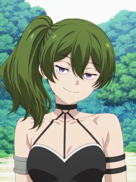 Übel,ubel,solo,side ponytail,black dress,dress,collarbone,looking at viewer,upper body,smile,bare shoulders,arm strap,o-ring,choker,armlet,closed mouth,breasts,outdoors,sleeveless,anime screencap,white background,