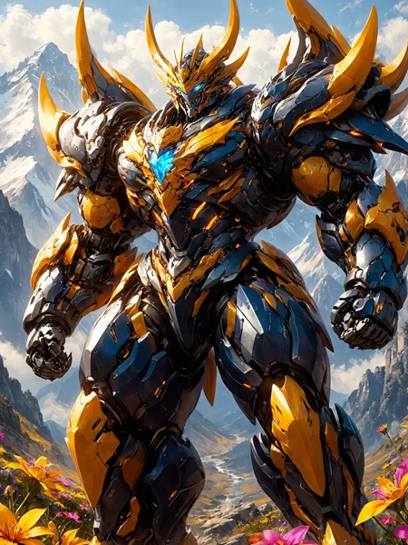 Super realistic,photography,cinematic lighting,A robot wearing heavy armor stood at the top of a mountain,with colorful wildflowers blooming at its feet,the dragon mech had an armor of teeth and claws,the armor was sharp enough to keep people away,highly saturated,brilliant colors,glowing,<lora:n2-bodybuilder-000012:0.6>,(bodybuilder,huge muscle,thick limbs,thick thighs,muscle:1.2),(extremely muscular:1.2),<lora:p9-nijimecha-000009:0.5>,nijimecha,<lora:Hyper-SDXL-8steps-CFG-lora:0.4>,