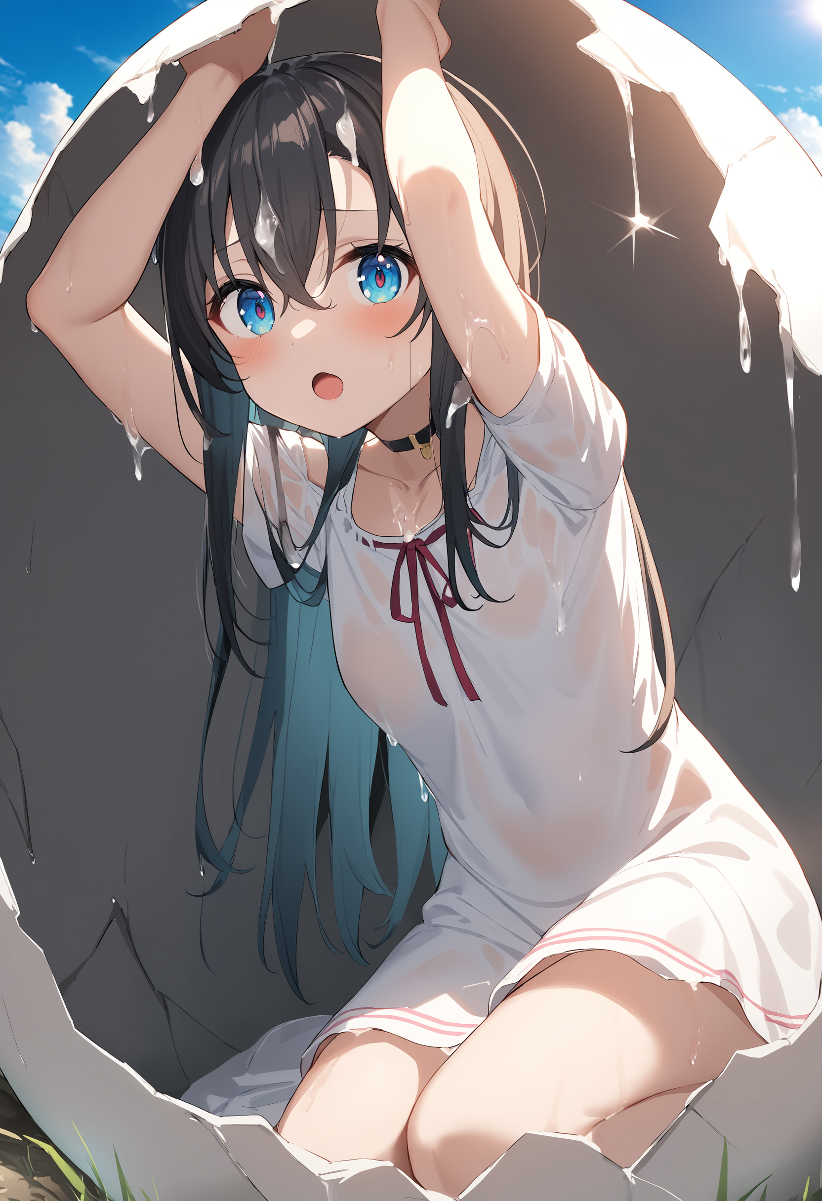 1girl,sincos, ningen mame, toosaka asagi,
hatching, eggshell, looking at viewer, open mouth, arms up, crack, slime (substance), suggestive fluid, hands up, white dress, ,wet,wet clothes, wet hair, <lora:hatching_XL_v1:0.8>
best quality, very aesthetic, absurdres,