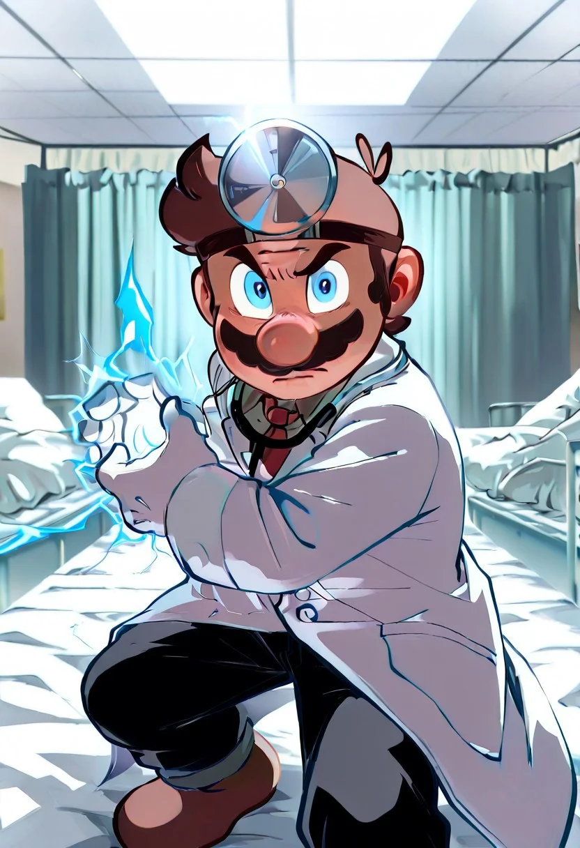 masterpiece, newest,absurdres,incredibly absurdres, best quality, amazing quality, very aesthetic,
, depth of field, blurry foreground, bokeh,indoor, hospital room, hospital desk, hospital bed on background, solo, Drmariorrr, brown hair, moustache,cartoon-style, petite male, blue eyes,chubby male, white gloves,
white lab coat, black pants, head mirror, stethoscope around neck, Red necktie, Brown shoes, gray shirt under labcoat
, Kamehameha-Charge, bent elbows,arms on waist level ,hands cupped together, electricity on hand, thunder on hand,
,re4lity_sync_illu