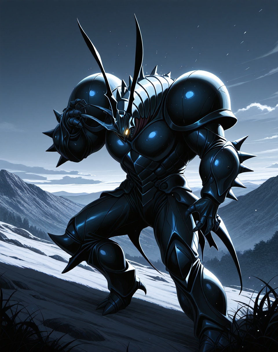 score_9, score_8_up, score_7_up,
<lora:Hyper_Zoanoid_(Guyver)_(Illustrious)_(AD):1.5> Hyper Zoanoid, Guyver, monster, 
exterior, science fiction, mountains, city skyline, sky with anime clouds,
cowboy shot, bent knee, dynamic action, 
colored body, glowing eyes, dominating, powerful, solo, stocky, bulky, thick armored hide, hyper muscular, beetle, 
BREAK Smooth Quality, IllusP0s, lazyhand, lazympos, lazynsfw,