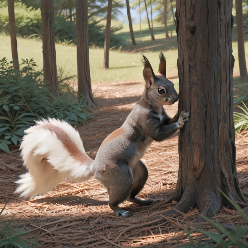 masterpiece, best quality, amazing quality, kaibabsqrrl, anthro, kaibab_squirrel, two-tune fur, grey fur, brown fur, squirrel tail, white tail, ear tufts , standing in forest, looking at viewer, full body, , <lora:c9875cab-fdc7-41ff-885b-798679b55445:0.8>