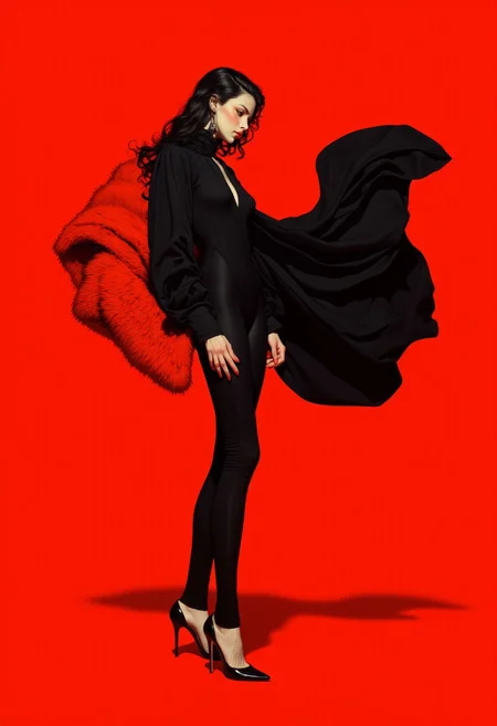 A hyper-realistic ArsMJStyle, Colored pencil hyperdetailed realism, of a woman in a sleek black bodysuit with a high neckline and long sleeves, its tailored fit emphasizing her sculptural form. Her flowing dark hair cascades in soft waves, framing her face with effortless elegance. She stands tall in a commanding pose, her right hand resting firmly on her hip while her left gracefully holds a voluminous black scarf, its fabric rippling as if caught mid-motion. Her long legs, accentuated by black high heels, elongate her silhouette, exuding both power and sophistication. The rich red background provides a striking contrast, with vivid accents of orange fur subtly incorporated into the composition, nodding to Allen Jones’ stylized influence. Her gaze is directed downward, her expression poised and enigmatic, embodying strength and avant-garde fashion. The minimal yet bold composition, envisioned by underrated artist Léonie Frédéric, enhances the visual impact with subtle abstraction. The lighting casts sharp, dramatic shadows, sculpting her toned physique while the depth of field, captured through a Canon EOS R5 with a 50mm f/1.2L lens at ISO 100, ensures a crisp, noise-free image. The atmosphere is hypermodern and dynamic, blending movement, innovation, and smart textiles into a polished, full-body editorial shot.