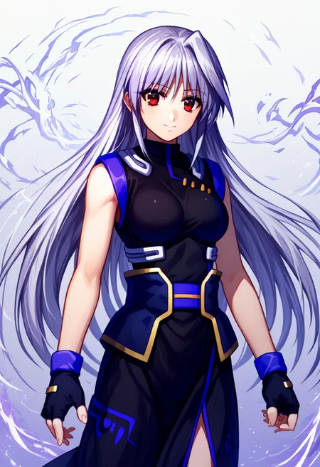 score_9, score_8_up, score_7_up, source_anime, 1girl, solo, Reinforce, long hair, white hair, single hair intake, red eye, long dress, black dress with purple trim, side slit, black gloves with purple trim, fingerless gloves, black corset with gold trim, sleeveless dress, bare shoulders, standing, smiling, endori face