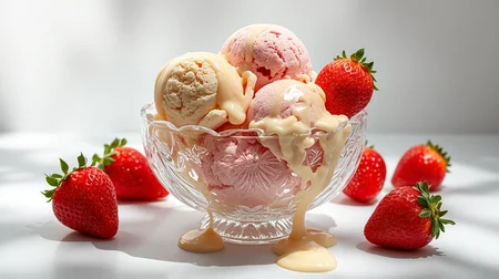 Vanilla and Strawberry Italian ice cream in a crystal bowl.
the ice cream drips down over the rim of the bowl,
creation on white background.
complex lighting, dynamic play of shadows, hyper-realistic cinematic texture of great depth,
background, front angle shot, complex game,
complex transparency lighting, deep dynamic shadow play, hyperrealistic texture, masterful composition, price, extremely detailed, incredibly high resolution, 32k, 16k, 8k, 4k, UHD, HDR, hyperrealistic, photo studio quality, incredible clarity, sharpness, sharp focus, volumetric lighting, cinematic style,