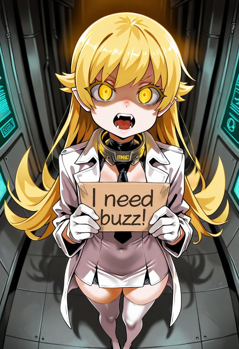 masterpiece, best quality, amazing quality, evil eyes, evil, bullying, small breasts, short height, absurdres, very aesthetic, asanagi, short anime girl with white latex full body skinsuit, bodysuit covers everything up to neck,, white coat, 1girl, long blonde hair, looking at viewer, golden eyes, bright eyes, long hair, white gloves, technology collar activated, technology background, glowing eyes, upper body, technology connection, oshino shinobu, 1girl, fang, long hair, bangs, fangs, necktie, thigh highs, long hair, open mouth, very long hair, vampire, secretary, need_buzz, holding sign