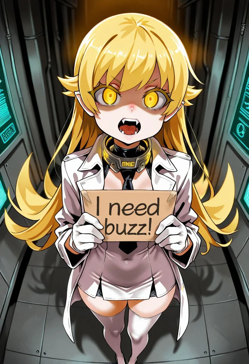 masterpiece, best quality, amazing quality, evil eyes, evil, bullying, small breasts, short height, absurdres, very aesthetic, asanagi, short anime girl with white latex full body skinsuit, bodysuit covers everything up to neck,, white coat, 1girl, long blonde hair, looking at viewer, golden eyes, bright eyes, long hair, white gloves, technology collar activated, technology background, glowing eyes, upper body, technology connection, oshino shinobu, 1girl, fang, long hair, bangs, fangs, necktie, thigh highs, long hair, open mouth, very long hair, vampire, secretary, need_buzz, holding sign