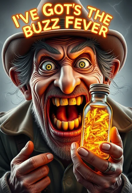 A hyper-stylized, extremely detailed image of an old prospector, his face a picture of comical exaggeration. He's holding a vial filled with little golden thunderbolt symbols, which seem to be radiating a glow. His eyes are wide with a crazed, manic intensity, and his mouth is agape, revealing a mouthful of missing teeth. His mouth is wide open as he exclaims "I've Gots The Buzz Fever", his words emblazoned in bold, glowing golden letters above his head. The prospector's expression is a perfect blend of excitement, madness, and hilarity, as if he's just discovered the secret to harnessing the power of lightning. The vial is adorned with colorful, swirly patterns, and the thunderbolts inside seem to be glowing with an otherworldly energy. The overall effect is one of absurd, zany humor, like a scene from a Looney Tunes cartoon. highest-Quality, intricate details, visually stunning, Masterpiece