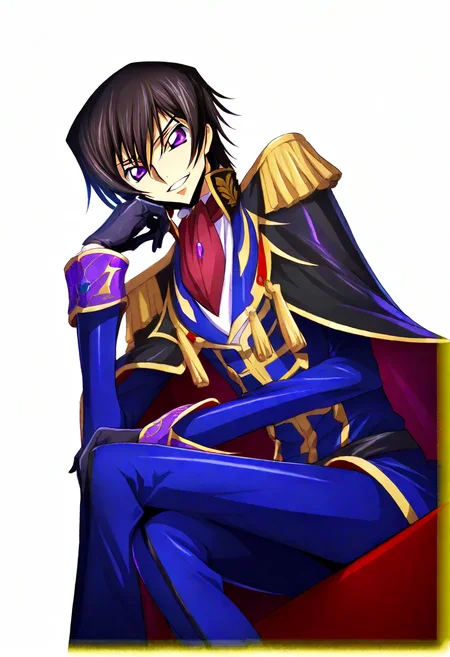 1boy, 1 lelouch vi britannia, 1 zero (code geass), code geass, solo, general, simple background, transparent background, white background, dutch angle, male focus, looking at viewer, hand up, sitting, happy, smile, teeth, parted lips, hair between eyes, purple eyes, v-shaped eyebrows, short hair, black hair, sidelocks, cropped legs, crossed legs, no headwear, blue jacket, blue pants, black gloves, uniform, black cape, tassel, brooch, epaulettes, purple gemstone, red ascot, code geass:lost stories, gold border