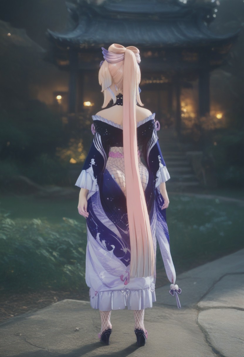 [score_9, score_8_up, score_7_up, score_6_up, score_8],  zPDXL2, source_photo,full body pinup, real life photo, blurry background, interesting background, high-resolution portrait, 1girl, from behind, sangonomiya kokomi, no pupils, pink hair, bow-shaped hair, purple eyes, bangs, long hair, blunt bangs, multicolored hair, hair ornament, earrings, ambient temple lighting accentuating her confident, bimbo aesthetic