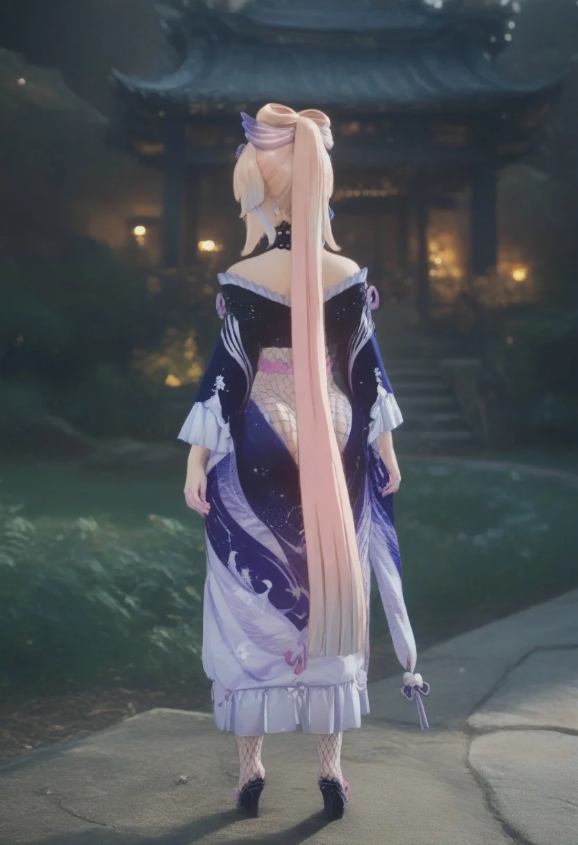 [score_9, score_8_up, score_7_up, score_6_up, score_8],  zPDXL2, source_photo,full body pinup, real life photo, blurry background, interesting background, high-resolution portrait, 1girl, from behind, sangonomiya kokomi, no pupils, pink hair, bow-shaped hair, purple eyes, bangs, long hair, blunt bangs, multicolored hair, hair ornament, earrings, ambient temple lighting accentuating her confident, bimbo aesthetic