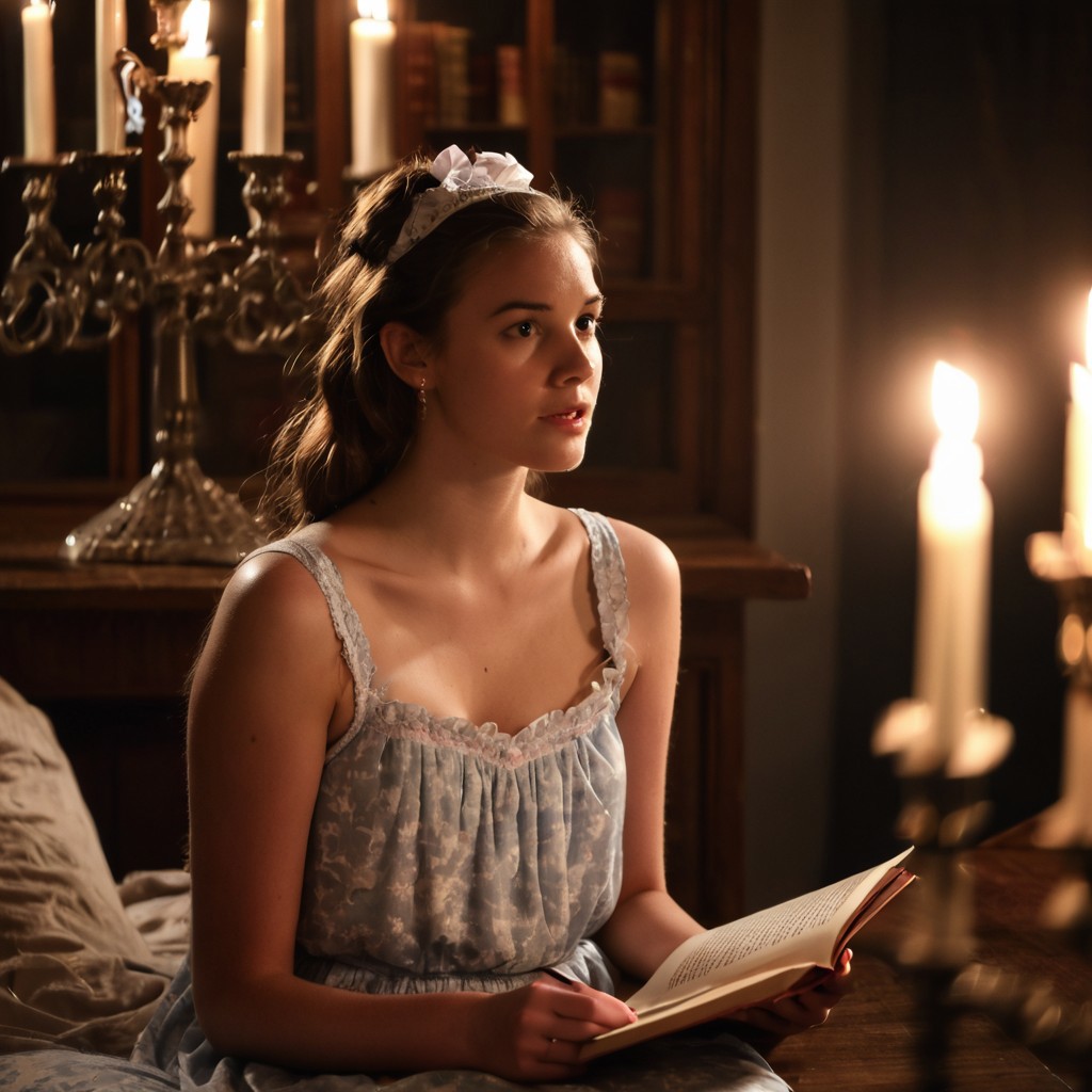 19yo female, cute, brown hair tied back, ((candle light)), realistic, dusty castle library background, ((cute nightgown)), looking at books on shelves, puzzled expression, charturnerv2