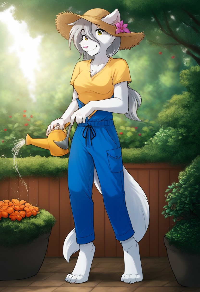 score_9, score_8_up, score_7_up, score_6_up, source_furry, rating_explicit, solo, solo focus, female, 1girl, medium breasts, Standing, garden jumpsuit, the straw hat, white garden T-shirt, cute expression, looking at viewer, flower garden, Holding a watering can, watering the flowers, raine-twokinds, white fur, detailed, perfect hands, five fingers, full body