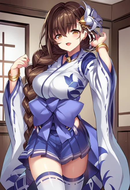 score_9, score_8_up, score_7_up, masterpiece, source_anime BREAK 1girl, ct_shira, yellow eyes, brown hair, long hair, braided ponytail, hair flower, large breasts, blue kimono, neck bell, collar, gold bangle, long sleeves, wide sleeves, hakama short skirt, white thighhighs, looking at viewer, indoors, wooden wall, cowboy shot, <lora:ShirayuriSakura_Pony_ct_ver2-000007:1>
