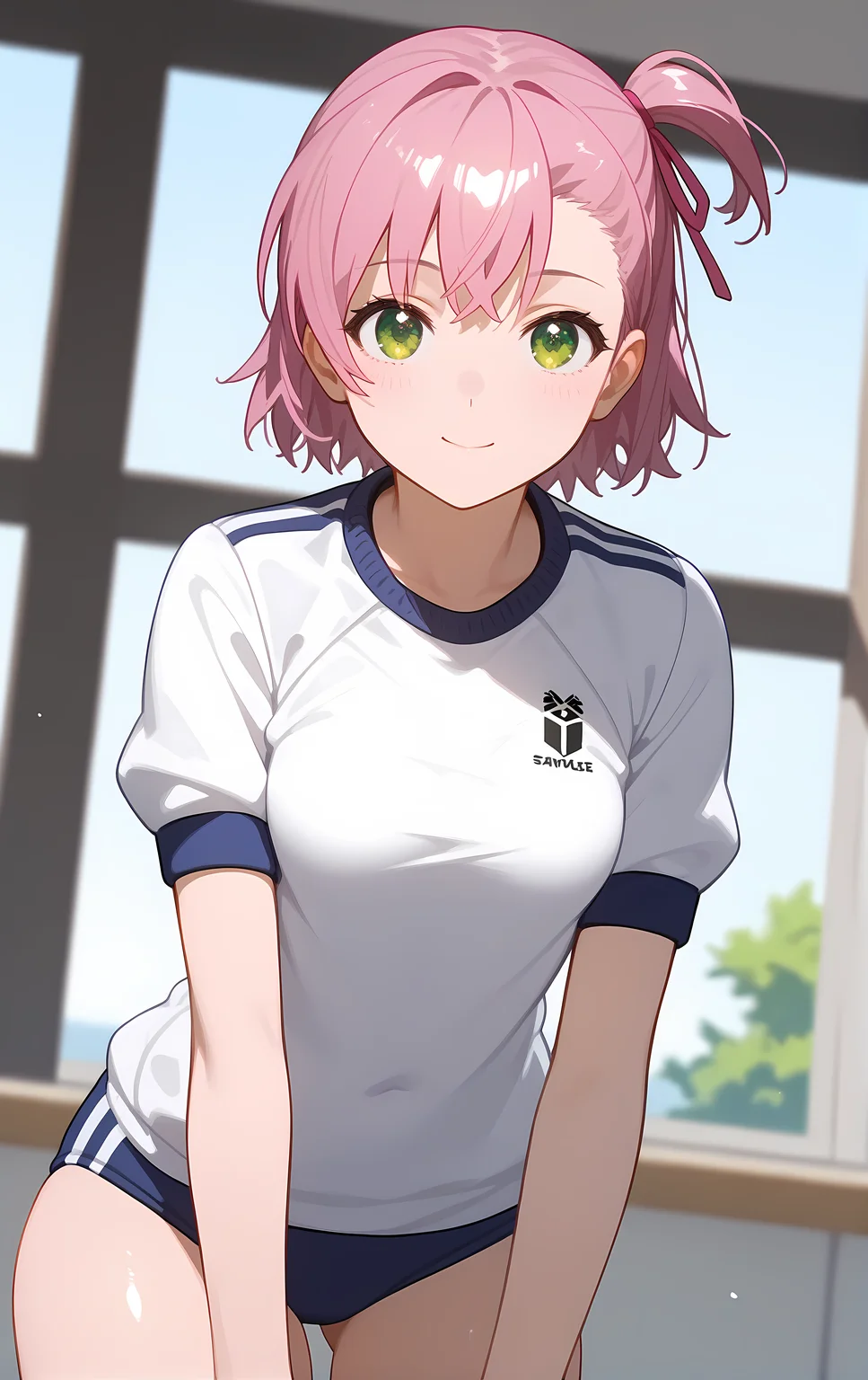 (score_9, score_8_up, score_7_up), standing, leaning forward, looking at viewer, light smile, closed mouth, shiny skin, tight clothes,
ohwx, 1girl, solo, green_eyes, small_breasts, ribbon, hair_ribbon, short_hair, one_side_up, pink_hair, pink_ribbon, side_ponytail,
gym_uniform, white_shirt,
house,
cowboy shot, dutch angle, close-up,
 <lora:uruchi_minaya_pony_ss:1>