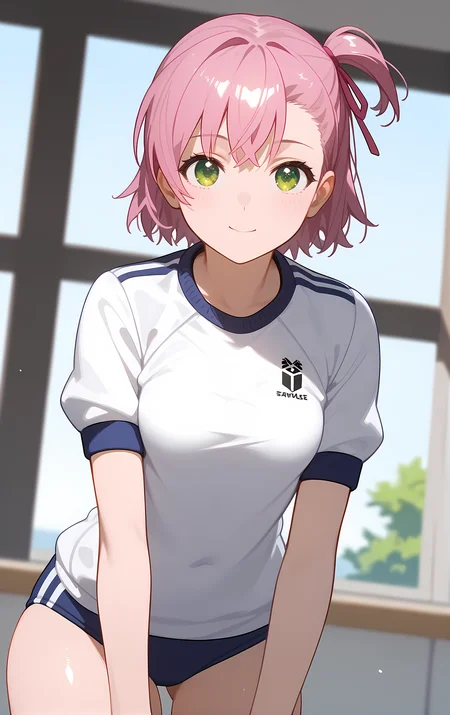(score_9, score_8_up, score_7_up), standing, leaning forward, looking at viewer, light smile, closed mouth, shiny skin, tight clothes,
ohwx, 1girl, solo, green_eyes, small_breasts, ribbon, hair_ribbon, short_hair, one_side_up, pink_hair, pink_ribbon, side_ponytail,
gym_uniform, white_shirt,
house,
cowboy shot, dutch angle, close-up,
<lora:uruchi_minaya_pony_ss:1>
