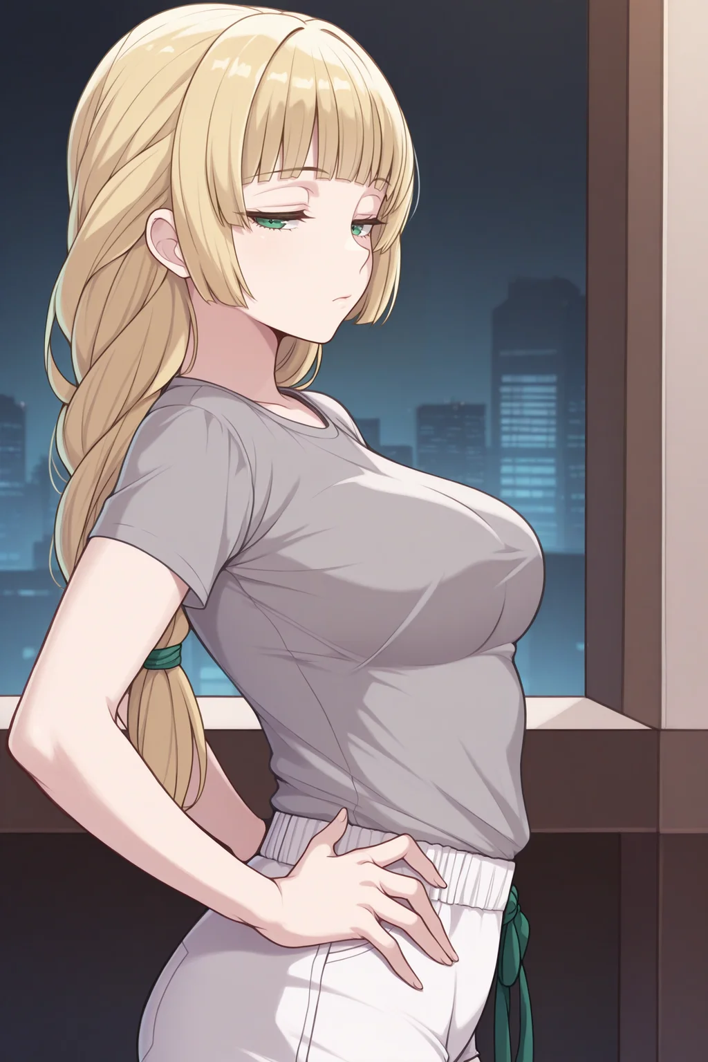 masterpiece, best quality, 1girl, solo, <lora:feingrid-illu-nvwls-v1-000005:1> dfing, blonde hair, braided ponytail, green eyes, long hair, blunt bangs, grey t-shirt, white shorts, looking at viewer, from side, hands on hips, medium breasts, half-closed eyes, bored, city