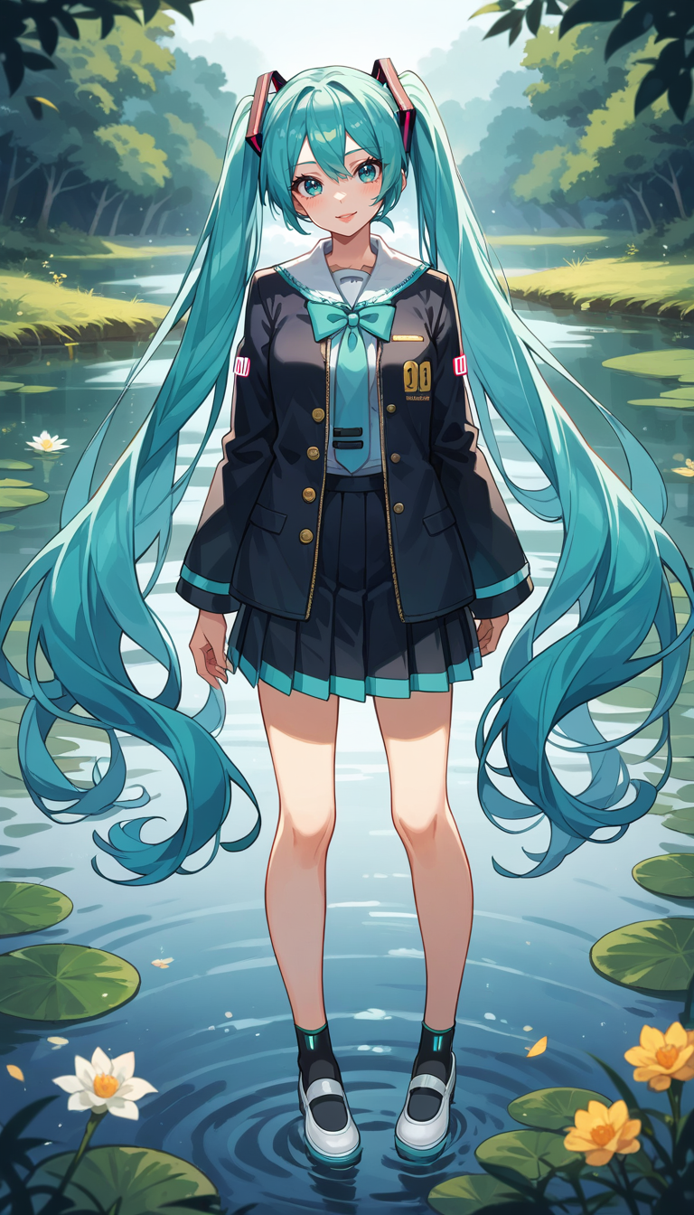 score_9, score_8_up, score_7_up, Anime Style, Full Body Shot, Hatsune Miku, cute, seductive, innocent, light smile:0.3, plump lips, slender body, very long turquoise pigtails, school uniform like outfit, moonlight passing through hair, night lake background, depth of field, dynamic angle, fashion photography, sharp, hyperdetailed:1.15
