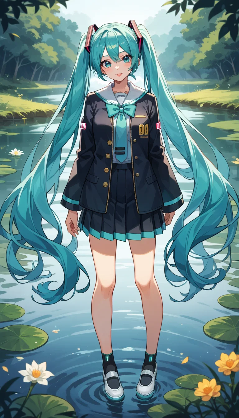 score_9, score_8_up, score_7_up, Anime Style, Full Body Shot, Hatsune Miku, cute, seductive, innocent, light smile:0.3, plump lips, slender body, very long turquoise pigtails, school uniform like outfit, moonlight passing through hair, night lake background, depth of field, dynamic angle, fashion photography, sharp, hyperdetailed:1.15