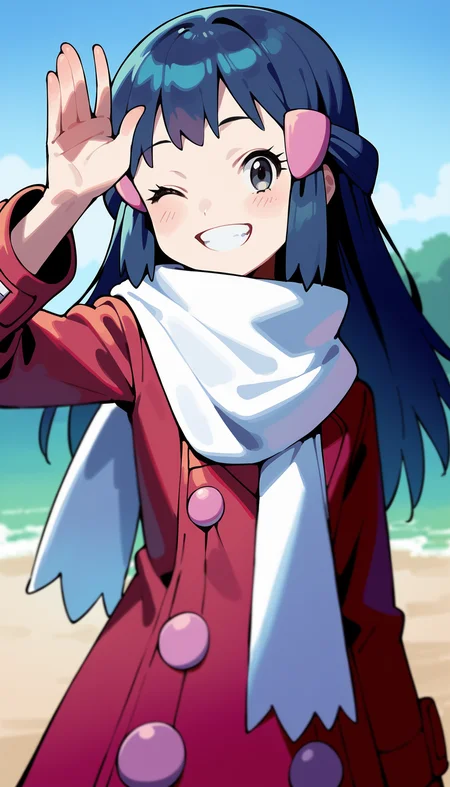 score_9,score_8_up,score_7_up,
highres,highly detailed,
<lora:hikaridawn:0.8>,
hikaridawn,
1girl,solo,navy blue hair,long hair,
grey eyes,smile,looking at viewer,closed eyes,grin,
pink hair clips,red overcoat,white scarf,
upper body,waving,
blurry background,outdoors,simple background,