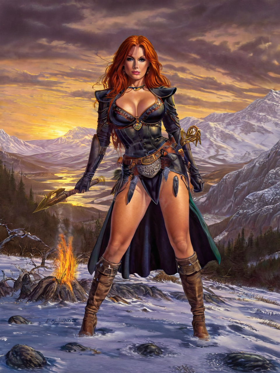 (((nude fantasy illustrations of by Elmore_Style_LX))) , standing pose, Witches and warriors, sexy, skimpy, slutty, red head  supermodel witch, tropical , cinematic, epic outdoor location, fantasy illustration, ((((sunset, summer, cinematic scene DnD)))) 1woman mage, skimpy armor, Huge breasts, bikini armor, sexy barbarian nude , with sword with a magic items, in the background epic winter sunset Fantasy masterpiece by Larry Elmore , <lora:Elmore_Style_LX-000010:0.8>