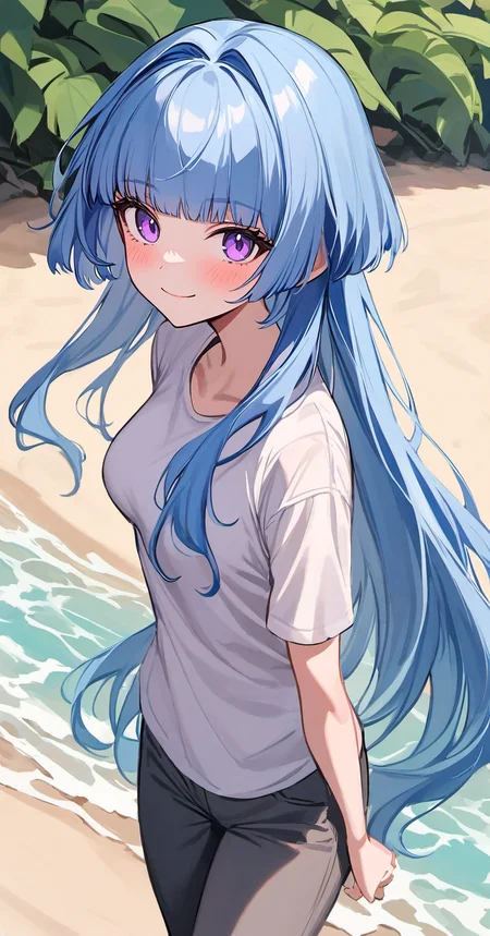 <lora:kuragecut_v1:1> ,kuragecut,1girl,solo,long_hair,very long hair,outdoors,sunny,day,beach,standing,cowboy shot, blush,smile,bangs,breasts,medium_breasts,blue_hair,,purple eyes,shirt,pants, looking at viewer,hime_cut,hair intakes,from above