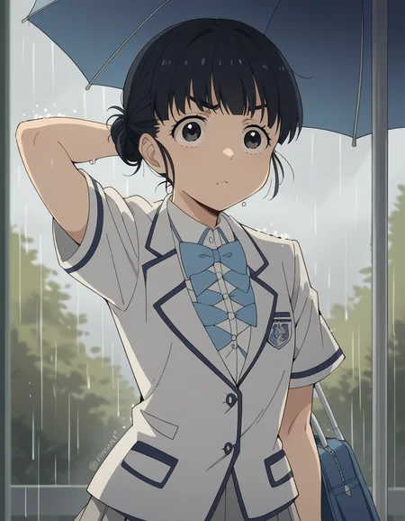 score_9, score_8_up, score_7_up, source_anime, <lora:tiara-basori-s1-ponyxl-lora-nochekaiser:1>, tiara basori, bangs, black hair, hair bun, black eyes, single hair bun,, skirt, shirt, bow, school uniform, white shirt, short sleeves, grey skirt, pleated skirt, bowtie, blue bowtie, blue bow, blazer,, rainy day, umbrella, walking home, puddles, wet hair, , , hand behind head, , solo,, cowboy shot, dutch angle