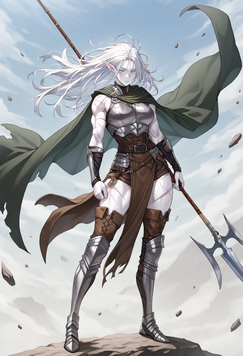 masterpiece, best quality, newest, absurdres, highres, anime, anime style, DPDV1.0, dynamic pose, polearm, holding polearm, holding weapon, weapon, 
1girl, pale, white skin, colored skin, pale skin, elf, pointy ears, muscular woman, armor, cape, leather armor, scar, scars on face, white hair, long hair, messy hair, 




spear, holding spear,